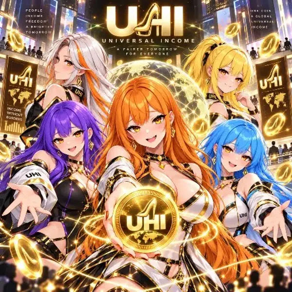 A glossy anime-style promotional image shows five women in black-and-white outfits posing around glowing gold coins in front of a “UHI — Universal Income” logo and a futuristic financial district backdrop. The “UHI” branding and coin imagery match the post’s joke about “Universal Hoe Income” offering rewards and “insane tech,” though no specific rewards are visibly labeled.