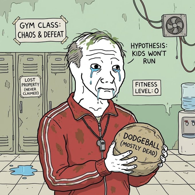 A weary, tearful gym coach in a stained tracksuit clutches a deflated dodgeball labeled "DODGEBALL (MOSTLY DEAD)" inside a dilapidated gym featuring signs reading "GYM CLASS: CHAOS & DEFEAT," "HYPOTHESIS: KIDS WON'T RUN," and "FITNESS LEVEL: 0." The image humorously embodies the "$Coachbroke" memecoin theme, depicting a broken, defeated coach — the perfect mascot for a satirical crypto token.