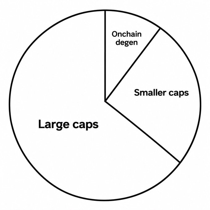 A pie chart illustrating a typical crypto portfolio allocation, divided into three segments: a dominant "Large caps" section (representing BTC and ETH), a smaller "Smaller caps" slice, and a minor "Onchain degen" wedge—reflecting the recommended weighting of heavy large-cap holdings with smaller portions allocated to altcoins and high-risk onchain speculation.