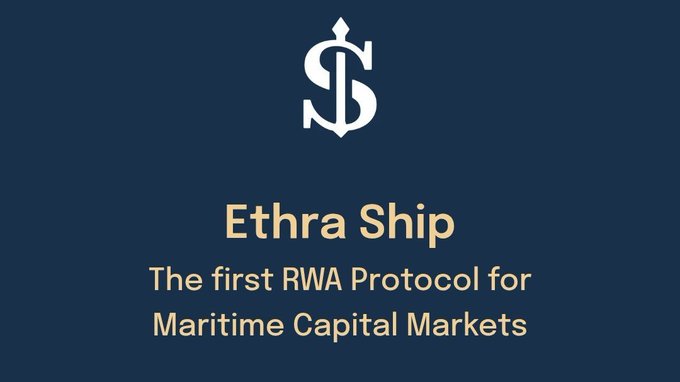 The image is a promotional graphic for **Ethra Ship**, featuring a stylized "S" anchor logo on a navy background with the tagline *"The first RWA Protocol for Maritime Capital Markets."* It aligns with the post by highlighting the brand behind the new USDC campaign on Base, reinforcing its identity as a maritime-focused real-world asset (RWA) protocol offering yield and $vSHIP rewards.
