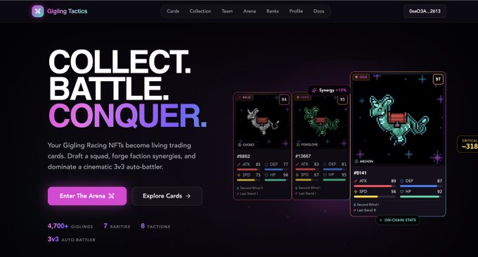 The image shows a landing page for "Gigling Tactics," a fan-made trading card game built around Gigaverse Racing, featuring the headline "COLLECT. BATTLE. CONQUER." with a 3v3 auto-battler concept where Gigling Racing NFTs (showing stats like #06060, #13067, and #9141 with ATK, DEF, SPD, HP attributes) become unique trading cards based on real on-chain racing history.