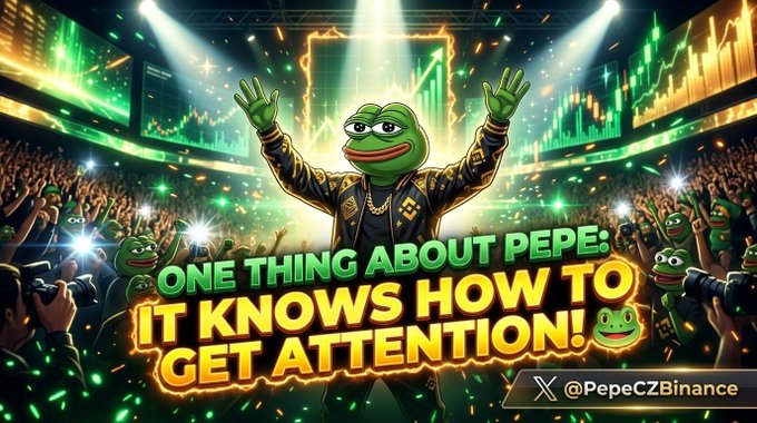 A Pepe the Frog meme graphic shows a Pepe character on stage with arms raised, featuring text 'ONE THING ABOUT PEPE: IT KNOWS HOW TO GET ATTENTION!' and the handle '@PepeCZBinance'.