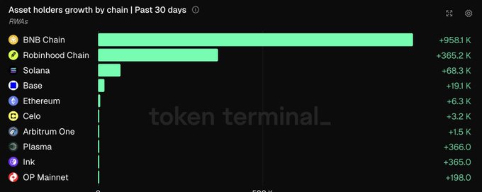 A bar chart from Token Terminal showing asset holders growth by chain over the past 30 days, led by BNB Chain at +958.1K, followed by Robinhood Chain at +365.2K, and Solana at +68.3K.