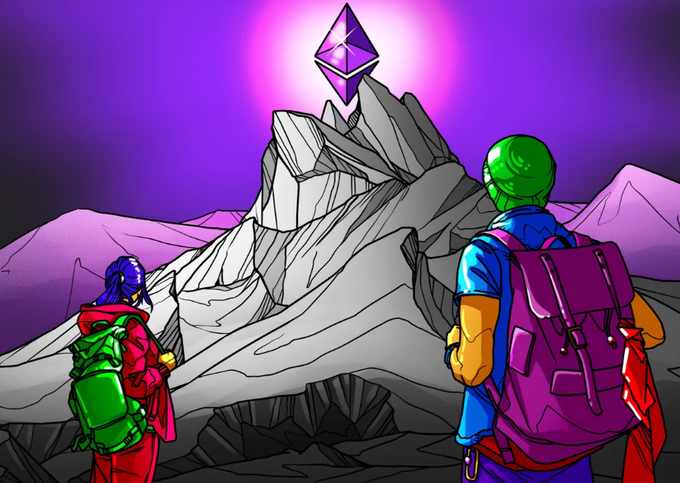 Colorful digital artwork showing two hikers with backpacks looking up at a glowing purple Ethereum logo atop a snow-capped mountain.
