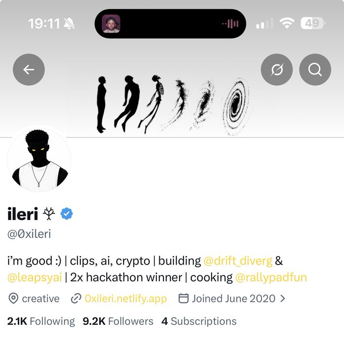 The image shows a Twitter/X profile for "ileri" (@0xileri), a verified account with 9.2K followers, featuring an artistic banner depicting human evolution dissolving into particles and a galaxy. The profile bio mentions interests in "clips, ai, crypto" and notes being a "2x hackathon winner," directly tying into the celebratory post about crossing the 9.2K follower milestone.