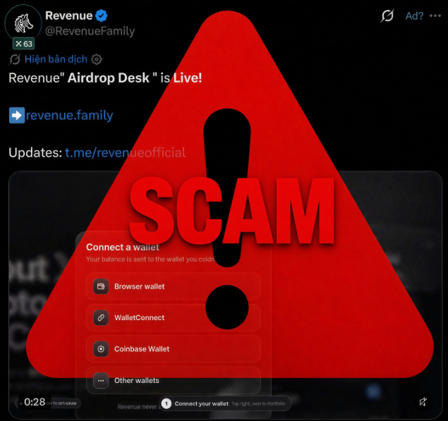A Twitter/X post from @RevenueFamily announcing 'Revenue's Airdrop Desk is Live!' overlaid with a large red warning triangle and bold 'SCAM' text, warning users about the wallet-connect prompt below.