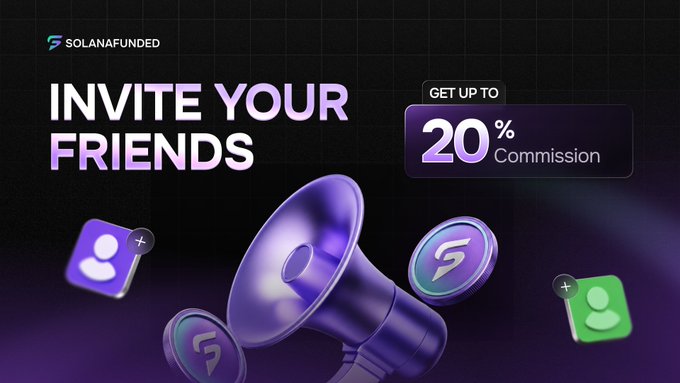 The image is a promotional banner for SolanaFunded's affiliate program, featuring bold text "INVITE YOUR FRIENDS" alongside a "GET UP TO 20% Commission" offer, with a purple megaphone surrounded by user icons and Solana logos. It visually reinforces the referral campaign by highlighting the 20% commission reward for sharing one's network, matching the post's call-to-action to visit solanafunded.com/affiliate and grab a referral code.