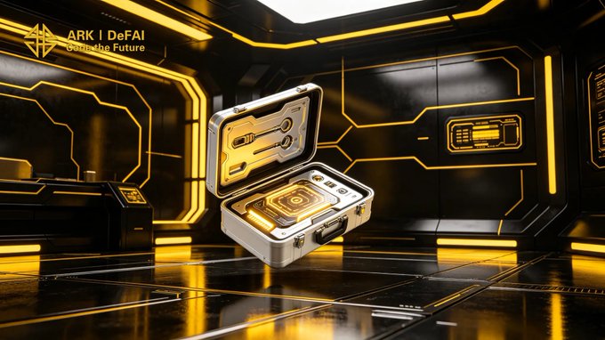 An open high-tech toolkit case glows with golden light inside a futuristic black and neon-yellow room, featuring the "ARK | DeFAI — Own the Future" branding in the upper left. The image visually represents the post's message about ARK's AI App being a practical, accessible intelligence kit that users can open and use, symbolizing the shift from static Web3 tools to actionable AI-powered utilities for daily needs.