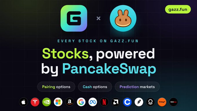 A promotional graphic for gazz.fun advertising 'Stocks, powered by PancakeSwap' with options for Pairing, Cash, and Prediction markets, displaying various app logos at the bottom.