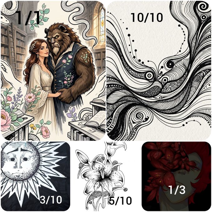 A collage of five artwork images with rating numbers: a lion-man and woman (1/1), black and white swirls (10/10), a sun and moon face (3/10), a botanical lily (5/10), and red lilies (1/3).