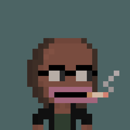 A pixel art illustration depicts a character with dark brown skin wearing dark sunglasses, with a cigarette in their mouth showing smoke rising on a teal background.