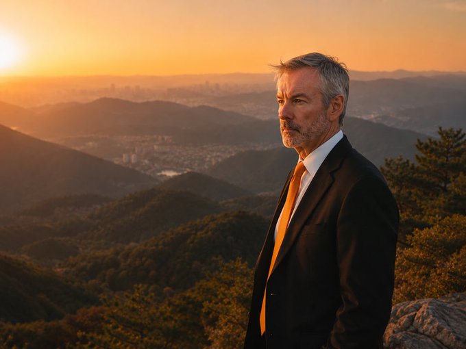 A distinguished gray-haired man in a black suit and tie stands in profile against a scenic mountain landscape at sunset, with a hazy city visible in the valley below.