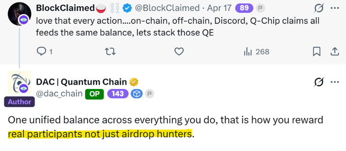 A tweet exchange between @BlockClaimed and @dac_chain (144 followers) highlighting DAC's "unified balance" system that tracks real participant engagement across on-chain, off-chain, Discord, and Q-Chip activities, rather than rewarding mere airdrop hunters—aligning with the post's emphasis on the project's focus on overall ecosystem participation over simple transaction volume.