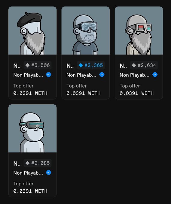 Four NFTs featuring cartoon avatars with berets, beanies, and goggles, all marked 'Non Playable' with a top offer of 0.0391 WETH.