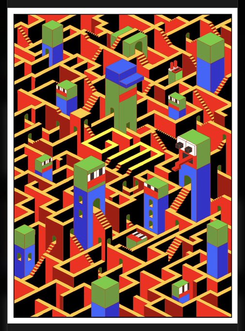 An isometric digital illustration depicts an impossible maze of red walls, yellow staircases, and green-capped blue towers with eyes, reminiscent of M.C. Escher's optical illusions.