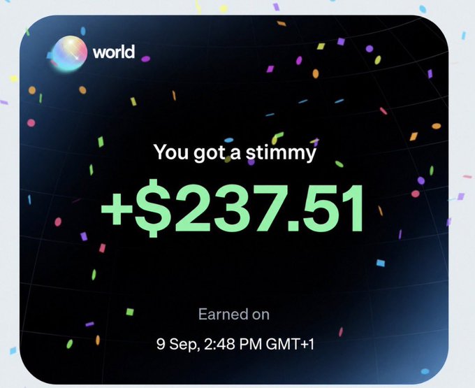 A Worldcoin (World) reward notification displays "You got a stimmy +$237.51" earned on September 9 at 2:48 PM GMT+1, surrounded by colorful confetti, used to promote a referral signup tutorial for claiming similar rewards through trading on the platform.