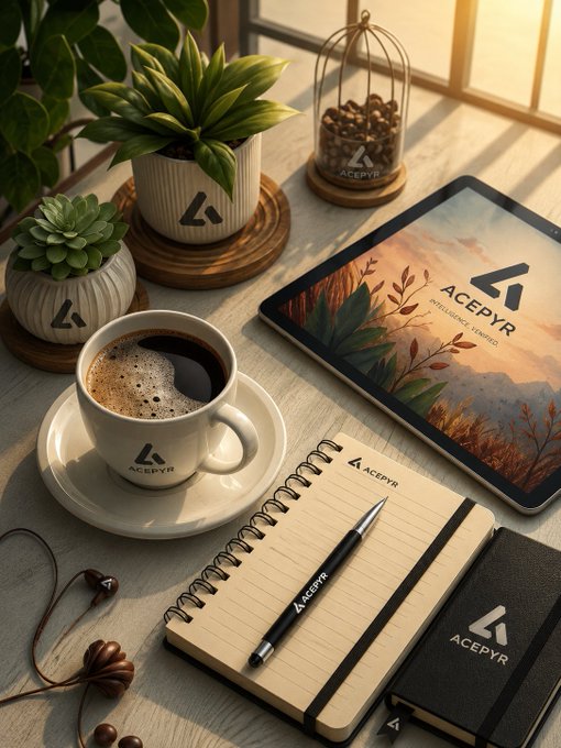 A branded lifestyle setup for ACEPYR featuring a coffee cup, spiral notebook, pen, tablet, and potted plants all bearing the company logo on a wooden table.