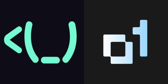 The image features a black and white logo with the numbers 01 and 00, along with a green "U" shape. The text "6月真的可以吃上一吃了 两个明确的TGE @teaprotocol (6月4日) 我在coinlist打新1000多U @o1_exchange". The logo and text are arranged in a square format, with the numbers 01 and 00 standing out against the black background.