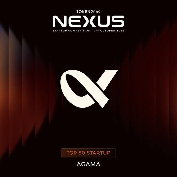 A promotional graphic for the "NEXXUS STARTUP COMPETITION" taking place 7-8 October 2026, announcing "AGAMA" as a "TOP 50 STARTUP" against a dark, spotlighted background.