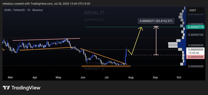 A TradingView daily chart of SHIB/USDT shows the token breaking out of a falling wedge pattern with a yellow arrow projecting a potential 53.41% rally to a 0.00000771 target, visually reinforcing the post's bullish 50% upside claim.