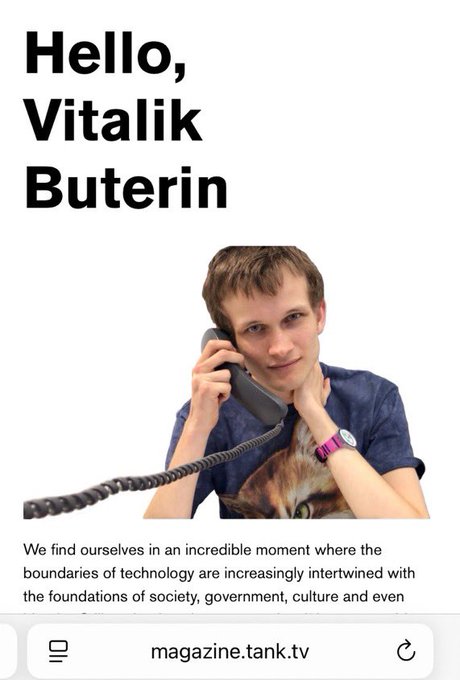 The image shows a magazine cover featuring a young man with short brown hair holding a telephone receiver to his ear, with the bold headline "Hello, Vitalik Buterin" and a subtitle about technology being intertwined with society's foundations. The accompanying post connects to the image by discussing Vitalik Buterin's connection to Israel and his creation of Ethereum ($ETH), while suggesting questionable conspiracy theories about crypto's ties to Israel.