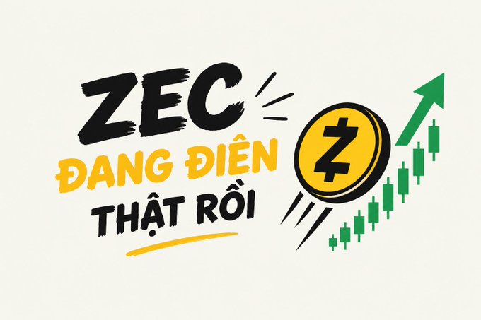 A promotional graphic featuring the Zcash (ZEC) logo with Vietnamese text "ZEC ĐANG ĐIÊN THẬT RỒI" (ZEC is going crazy) alongside a green upward candlestick chart.