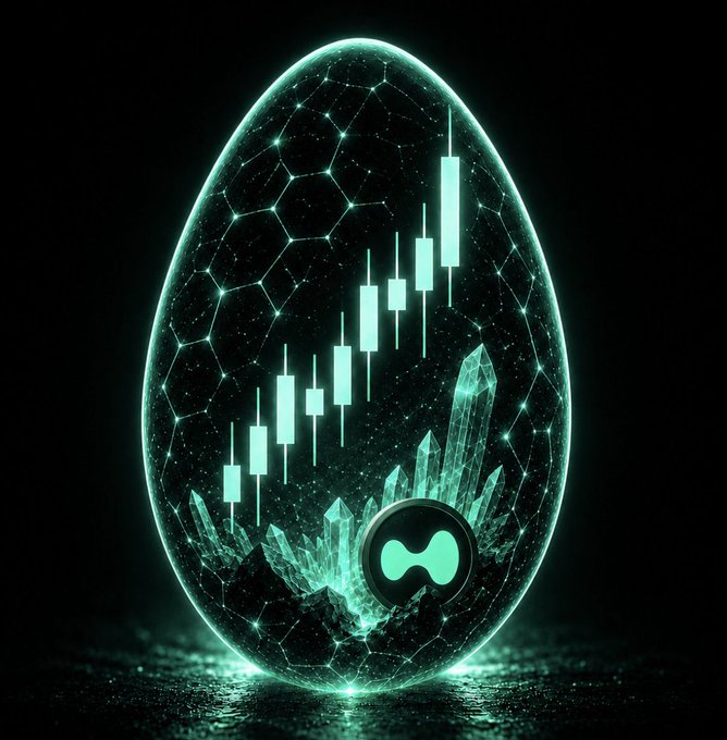 A luminous teal egg-shaped crypto emblem featuring a candlestick chart ascending upward amid crystal formations and the HYPE token logo, symbolizing $EGG's rising position and scarcity on HyperliquidX since its original Motionpad launch.