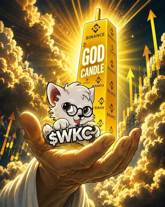 A cartoon cat with glasses holds a giant Binance 'GOD CANDLE' with '$WKC' displayed, set against a backdrop of clouds and rising green candlestick charts.