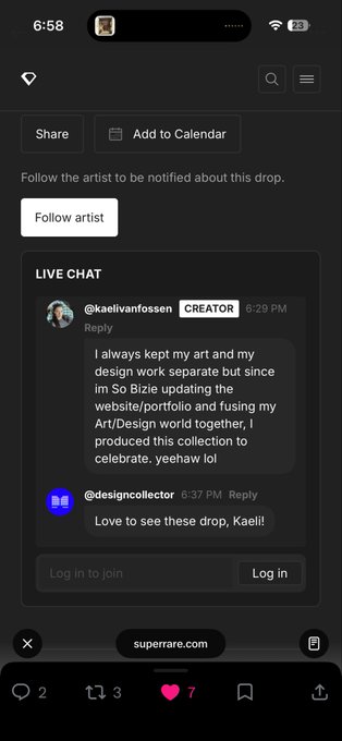 A screenshot of a Superare livestream shows a live chat featuring a reply from creator @kaelivanfossen discussing the merging of their Art/Design work and a message from @designcollector.