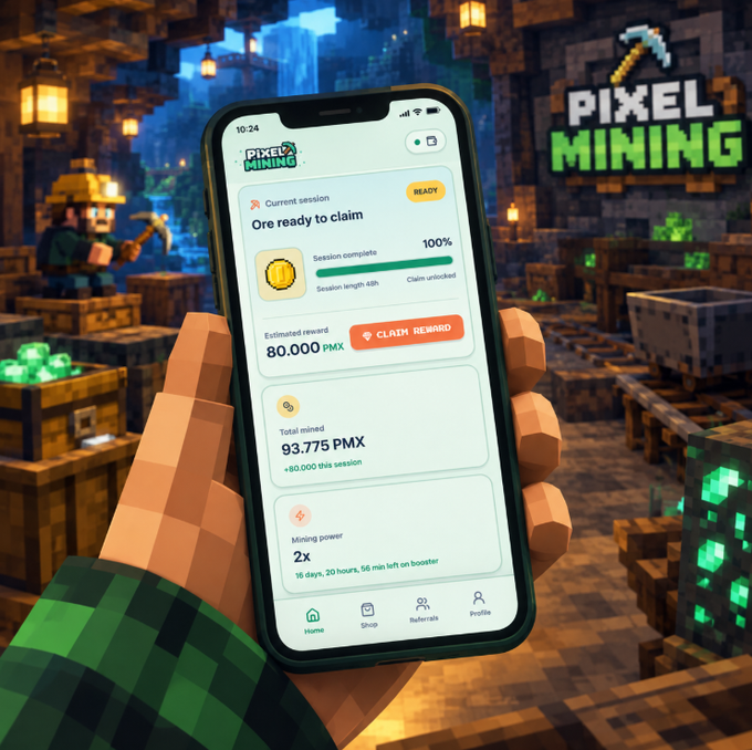 A promotional image for 'PIXEL MINING' showing a Minecraft-style pixelated hand holding a smartphone displaying an app interface with details like 'Current session', 'Ore ready to claim', 'Total mined 93,775 PMX', and 'Mining power 2x'.