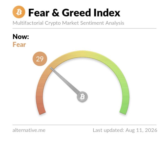 A Bitcoin Fear & Greed Index gauge showing a score of 29 indicating 'Fear' in the crypto market, last updated August 11, 2026.