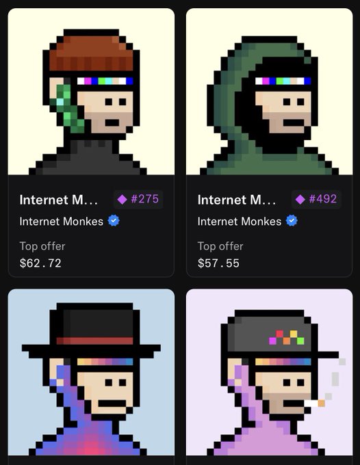 Cryptopunks NFT collection showing four pixel-art monkey avatars from 'Internet Monkes' with top offers listed, including #275 at $62.72 and #492 at $57.55.