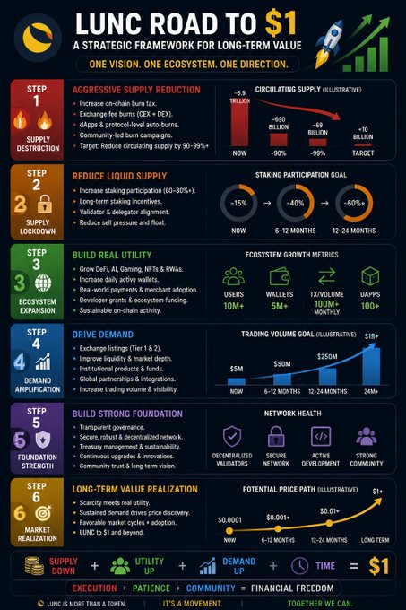 An infographic titled 'LUNC ROAD TO $1: A STRATEGIC FRAMEWORK FOR LONG-TERM VALUE' outlines a six-step plan including aggressive supply reduction, supply lockdown, ecosystem expansion, demand amplification, foundation strength, and market realization to drive Terra Luna Classic toward a $1 price target.