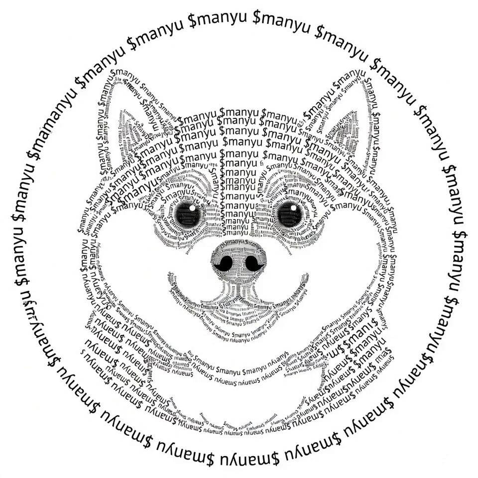 The image features a black and white illustration of a dog's face with text surrounding it. The text includes words like "manyu", "smanyu", and "manyu" written around the dog, as well as other words related to dogs or animals. The caption for this image reads, "Focus on what is in the image and how it relates to the post".