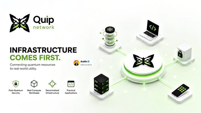 A promotional graphic for Quip Network featuring the tagline 'INFRASTRUCTURE COMES FIRST' and text 'Connecting quantum resources to real-world utility,' highlighting Post-Quantum Security, Real Compute Workloads, Decentralized Infrastructure, and Practical Applications.