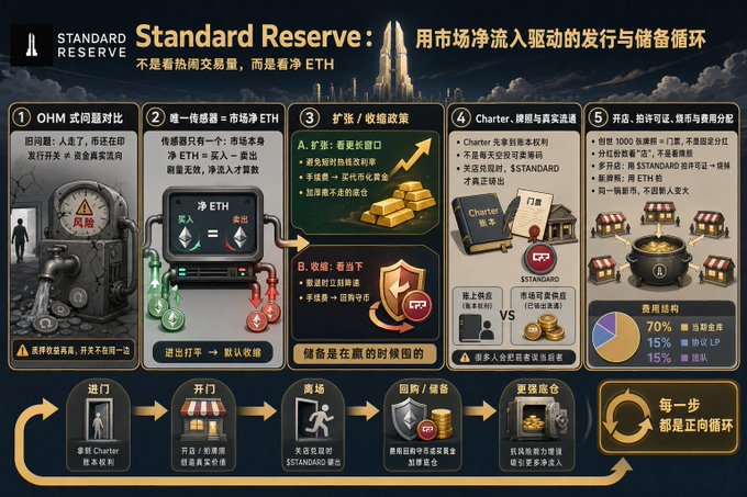 The infographic illustrates Standard Reserve's (STANDARD) ETH-backed reserve mechanism, showing a five-step cycle: OHM-style problem contrast, market-driven ETH valuation, expansion/collection policies, Charter management, and beneficiary structure where 70% goes to buyers, 15% to LP holders, and 15% to the team. This visually supports the post's point that unlike OHM, where issuance continued after users left, Standard Reserve uses the market itself as its sole "sensor"—aligning issuance with actual market-driven net ETH flow to prevent the decoupling problem that plagued OHM.