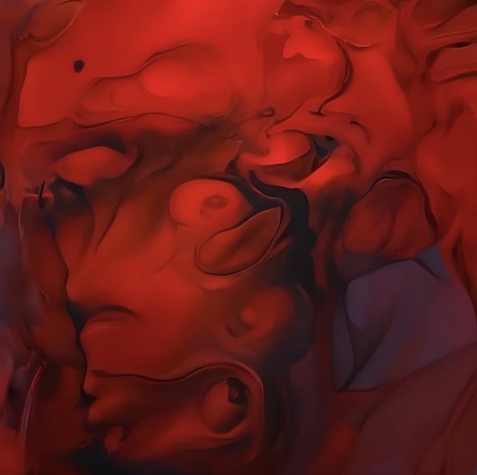 An abstract red and dark-toned 3D rendered image with organic, fluid-like shapes creating a textured, sculptural surface.