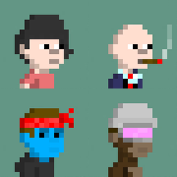 A pixel art image displaying four distinct character portraits arranged in a 2x2 grid—including a dark-haired figure, a smoker, a blue-skinned pirate, and a hooded character with glowing purple eyes—representing the four NFT items regenerated in a sweep transaction totaling 0.309 ETH ($594.05) by buyer 0x7CEe…9235, tracked via sweepr by knoad.