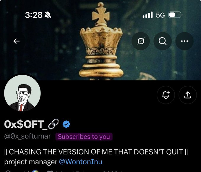 A screenshot of an X (formerly Twitter) profile page for "@0x_softumar" with the display name "0x$OFT_⧖" and a bio reading "|| CHASING THE VERSION OF ME THAT DOESN'T QUIT || project manager @WontonInu," accompanied by a shoutout post welcoming the new subscriber.