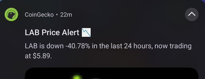 A CoinGecko price alert notification shows that LAB is down -40.78% in the last 24 hours, now trading at $5.89, which the poster references as evidence of $LAB's suspected scam coming to an end.