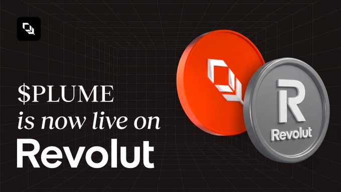 A promotional graphic with a dark grid background features bold white text reading "$PLUME is now live on Revolut" alongside two 3D coin tokens—one orange bearing the Plume logo and one silver displaying the "R" Revolut logo—visually announcing $PLUME's new listing on the Revolut platform.