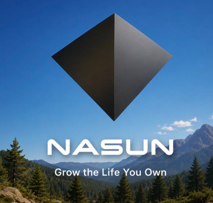 A black octahedron/diamond-shaped object floating against a clear blue sky above a mountain forest, with the text 'NASUN - Grow the Life You Own'.