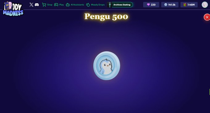The image is an screenshot of a video game page, likely for the game "Peggu 500". The main focus is on the blue circular item with a cute face design, which is labeled as a penguin treasure chest in a pirate-themed game setting. This item has been claimed by a player and earned them 500 gold coins or $pengu drop from a legendary piñata. In addition to this primary item, there are other characters and elements visible on the page that further enhance the gaming experience. The title "Peggu 500" is prominently displayed at the top of the image, along with the game's description and other relevant information.