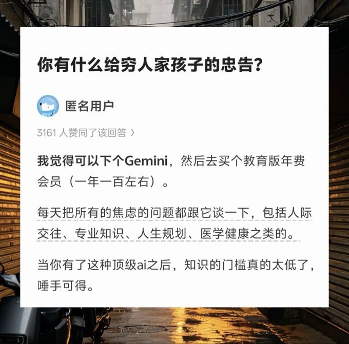 A Chinese-language social media post titled '你有什么给穷人家孩子的忠告?' (What advice do you have for children from poor families?) by an anonymous user with 3161 likes, recommending downloading Gemini and purchasing an education subscription.