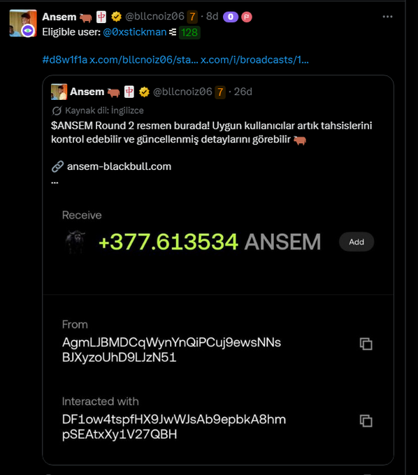 A Twitter post from user Ansem (@bllcnoiz06) about an ANSEM token airdrop eligibility check for user @0xstickman, showing a receive amount of +377.613534 ANSEM along with transaction wallet addresses.