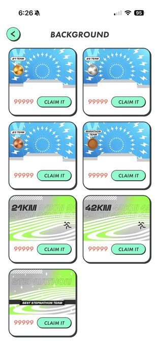 A mobile app screen titled 'BACKGROUND' showing various team-themed and step-themed collectible cards (2nd Team, 3rd Team, Obstetric Team, Marathon Team, 2.1KML, 4.2KML, STEPNATION) each with a 'CLAIM IT' button priced at 99999.