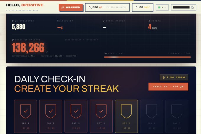 The image shows a dashboard for the "Interstellar" airdrop by @dac_chain, displaying 5,880 QR collected, a total QE balance of 138,266, and a 4-day streak with a daily check-in feature offering +10 QE rewards per day. The interface highlights the airdrop's farming phase, aligning with the post's announcement that DAC Interstellar has entered its next phase open to all participants, though TGE and presale details remain pending.