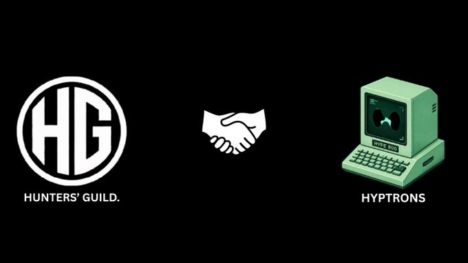 A black graphic showing three logos: "HG HUNTERS' GUILD," a handshake icon, and "HYPTRONS" with a green retro computer illustration.