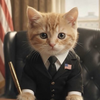 An AI-generated image of an orange tabby kitten dressed in a black suit with an American flag pin, sitting at what appears to be a presidential desk.