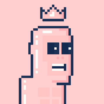 A pixel art illustration of a pink crowned figure with a stoic expression against a pink background.